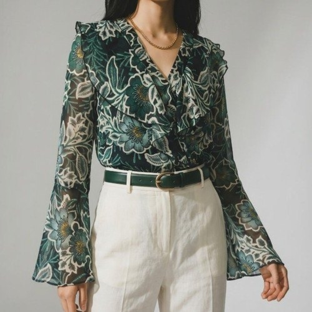 Band of the Free Floral Bell Sleeve Bodysuit Green Black Ruffle Surplice Small